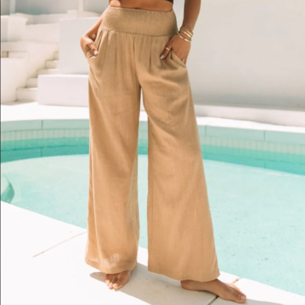 Vici Wide Leg Smocked Waist Pants in Beige